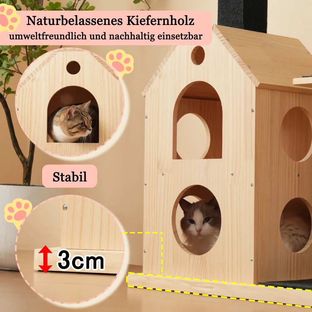 Kratzbaum aus Massivholz mit Rad 80×40×152 cm Kratzbaum mit 4-Plattform-Katzenrad Kratzbaum Kratzbaum Katzenklettergerüst - Animalivo