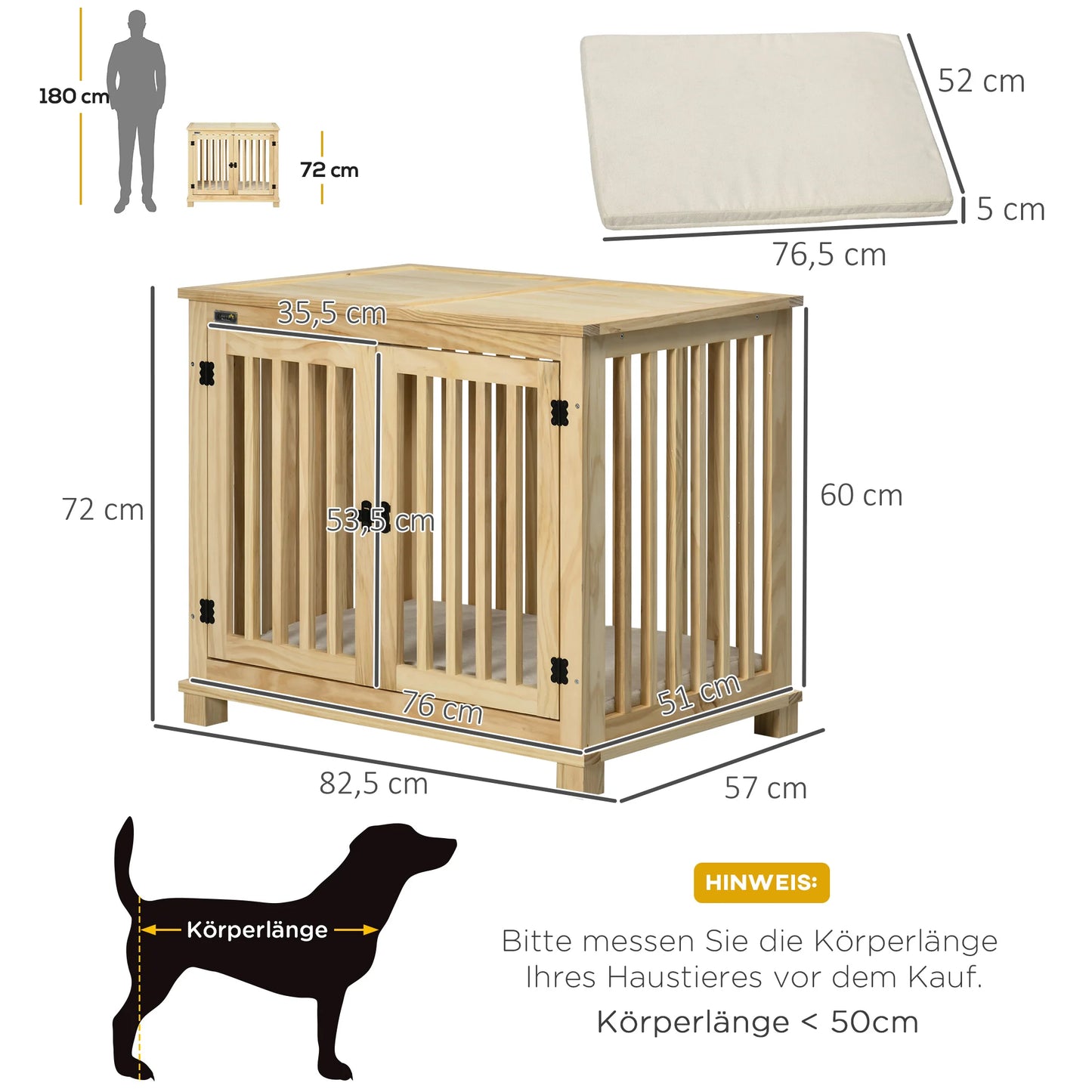 Pawhut Hundekäfig, Tierkäfig aus Holz, Haustierkäfig für mittelgroße Hunde, Hundehütte mit Kissen, Hundebox, Indoor