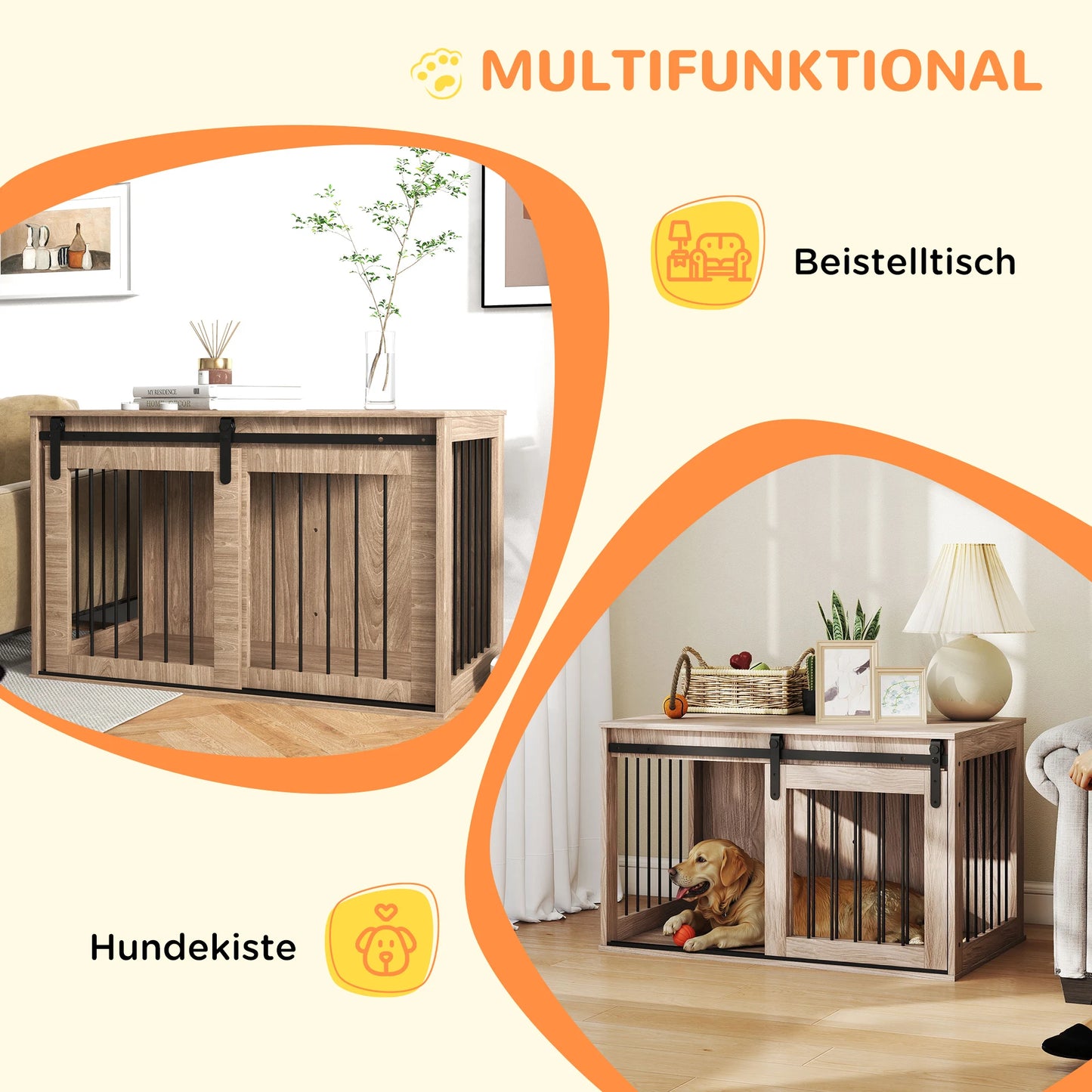 PawHut Hundekäfig 98 cm Hundebox für Zuhause mit Abschließbar Schiebetüren moderne Metall Indoor für große Hunde Nussbaum
