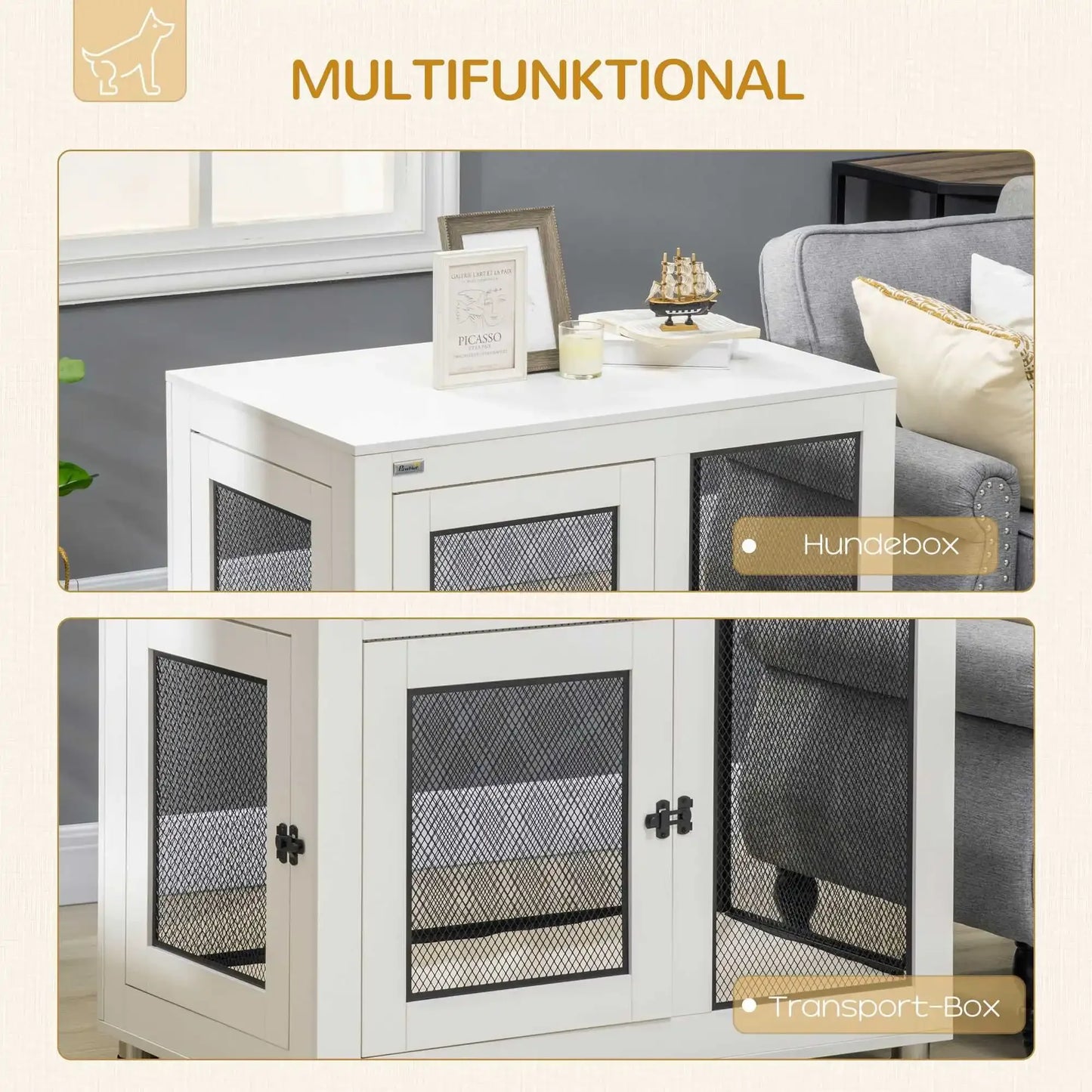 Hundekäfig (Weiß/Schwarz) im Möbelstil mit Tischplatte & Kissen (94 cm) - Animalivo