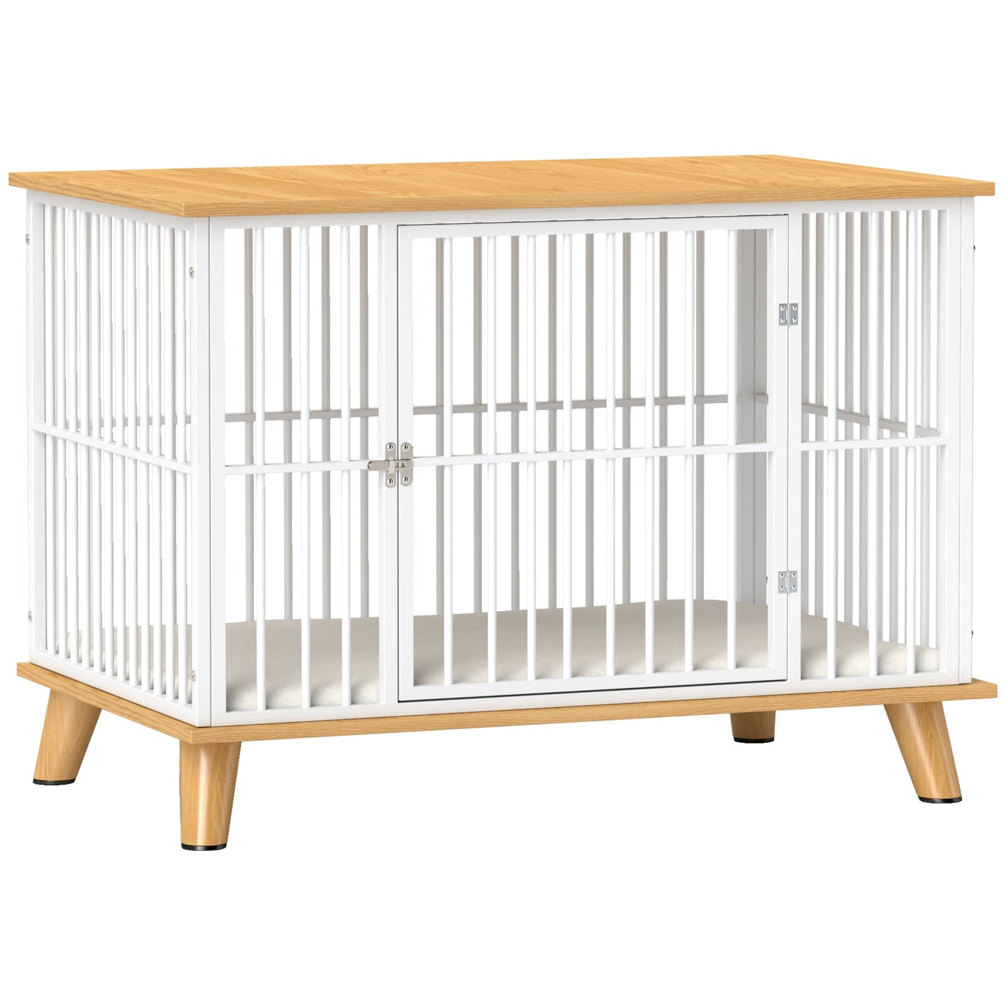 PawHut Hundekäfig Möbel mit Tür Kissen Stahl Hundebox für Zuhause Indoor Hundehütte für Hunde unter 15 kg Weiß+Eiche