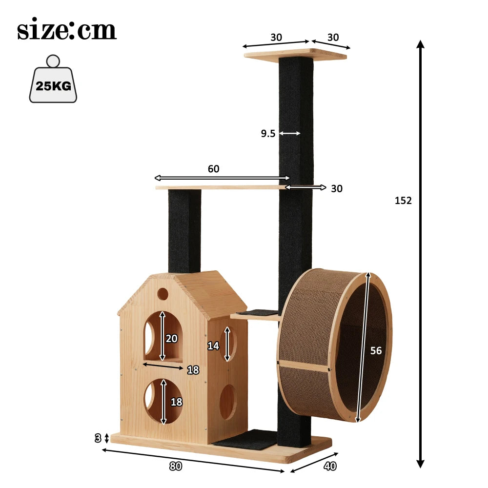 Kratzbaum aus Massivholz mit Rad 80×40×152 cm Kratzbaum mit 4-Plattform-Katzenrad Kratzbaum Kratzbaum Katzenklettergerüst - Animalivo