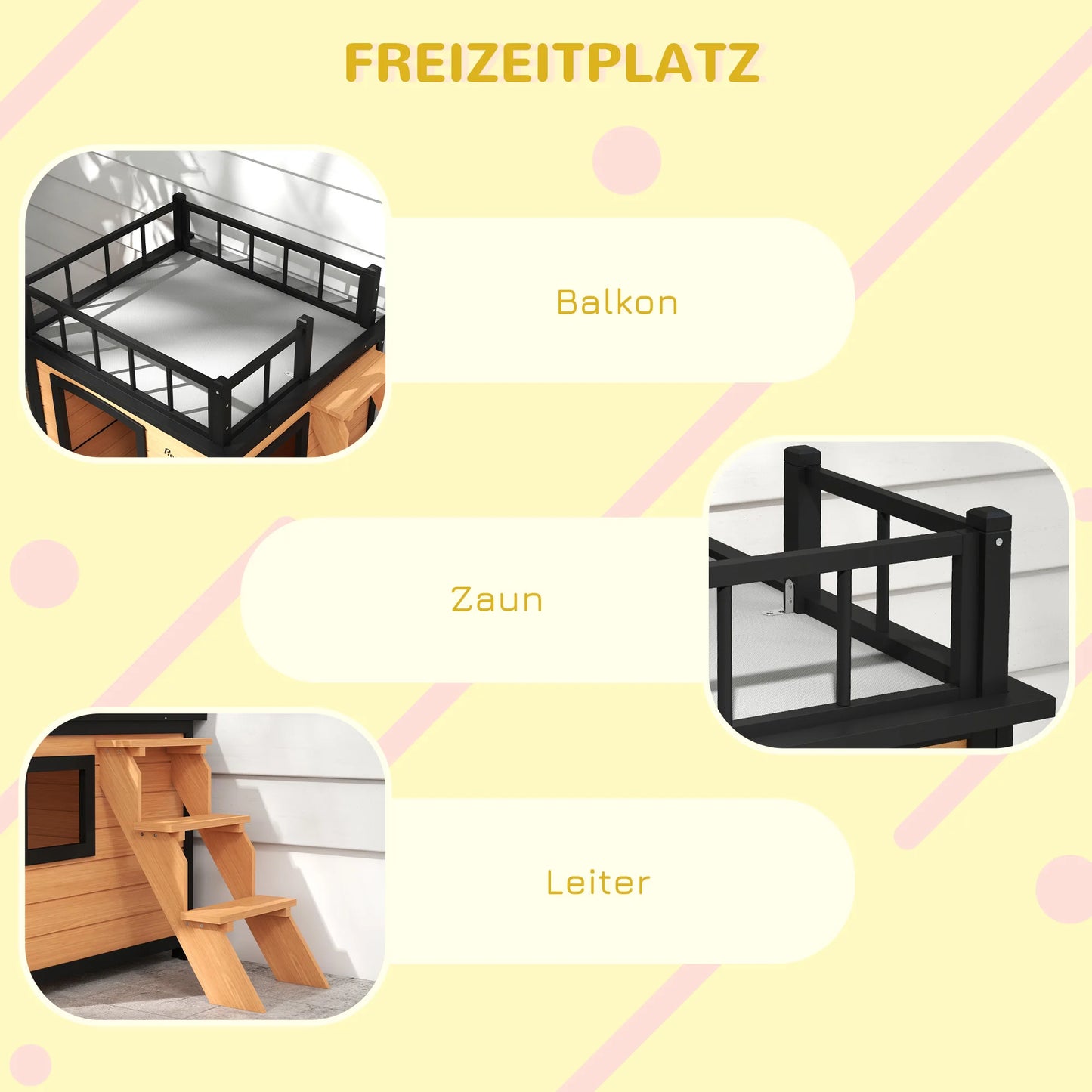 PawHut Hundehütte Hundehaus mit Balkon, Erhöhtes Kleintierhaus mit Treppe, Fenster, Hundehöhle für Kleine, Mittele Hunde