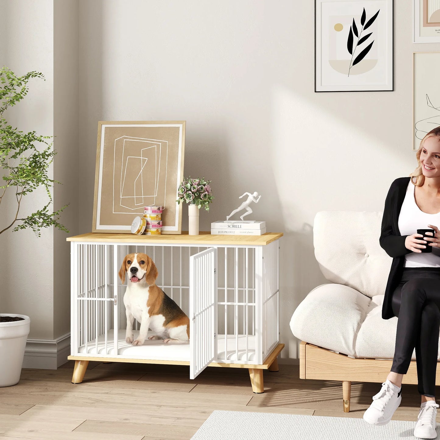 PawHut Hundekäfig Möbel mit Tür Kissen Stahl Hundebox für Zuhause Indoor Hundehütte für Hunde unter 15 kg Weiß+Eiche