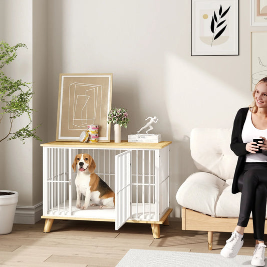 PawHut Hundekäfig Möbel mit Tür Kissen Stahl Hundebox für Zuhause Indoor Hundehütte für Hunde unter 15 kg Weiß+Eiche